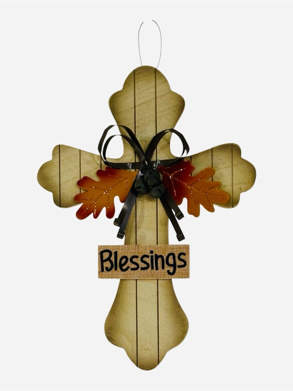 Wooden 'Blessings' Cross Wall Decor with Metal Autumn Leaves - Picture 1 of 4